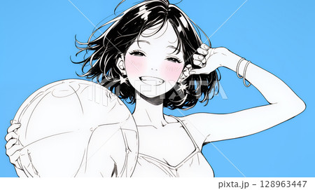 夏休みの思い出：友達と海水浴に行く（シンプルな色使い）