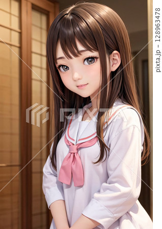 恥ずかしそうな表情の制服姿の女子高生 128963478