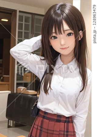 髪の毛をさわる笑顔の女子高生 128963479