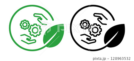 icon hands holding gears within a circular frame paired with green leaf representing sustainable technology eco innovation and collaborative environmental solutions 128963532