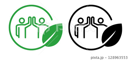 Icon two people giving a high five within a circular frame green leaf symbolizing symbolizing teamwork collaboration and shared success in environmental efforts eco friendly 128963553