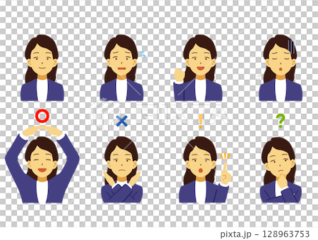 いろいろな表情・ポーズの女性のイラストセット いろいろな表情・ポーズの女性のイラストセット 128963753