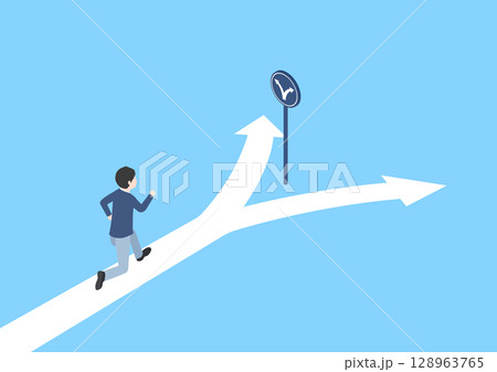 二股に分かれた分岐路に出くわしている若い男性のアイソメトリックイラスト 二股に分かれた分岐路に出くわしている若い男性のアイソメトリックイラスト 128963765