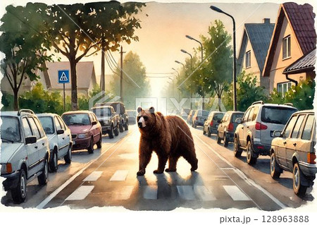 街に降りてきた熊 128963888