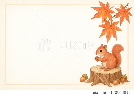 ポストカード　秋の風景　リス　紅葉　 128963890