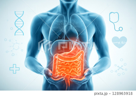 AI generated image depicting a transparent human body with glowing small intestine in a futuristic medical setting. The image symbolizes health, care, and small intestine in the human body. AI generated image depicting a transparent human body with glowing small intestine in a futuristic medical setting. The image symbolizes health, care, and small intestine in the human body. 128963918