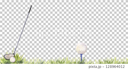 Seamless border of golf club hitting ball on grass in watercolor 128964012