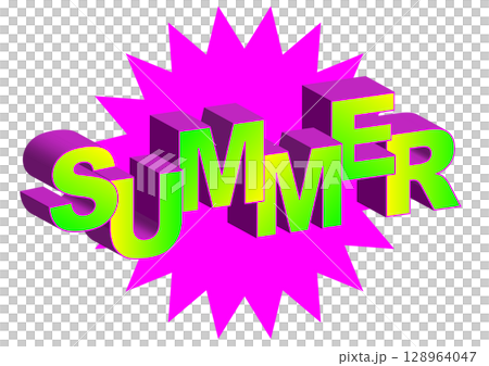 The word SUMMER is a pop and eye-catching lettering. A three-dimensional icon with a Y2K feel. 128964047