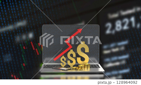 The Gold Dollar and Arrow up on laptop for Business concept 3d Rendering. 128964092