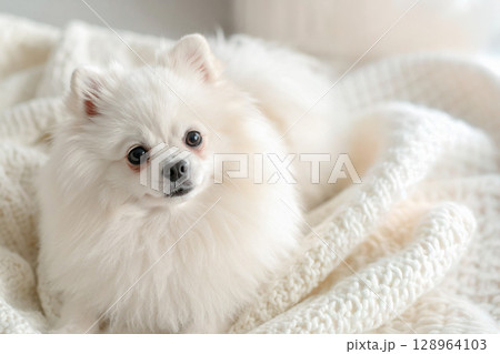 室内でくつろぐ白いポメラニアン 128964103