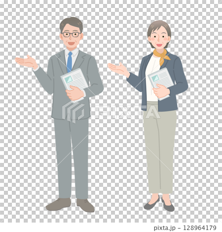 中年商人和婦女拿著文件發出指示 128964179
