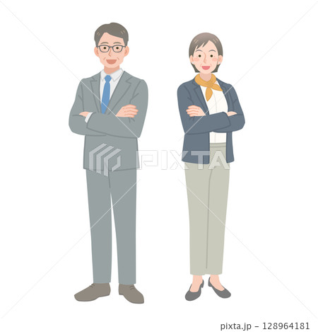 腕組みをするスーツを着た中年の男女 腕組みをするスーツを着た中年の男女 128964181