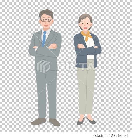 腕組みをするスーツを着た中年の男女 腕組みをするスーツを着た中年の男女 128964181