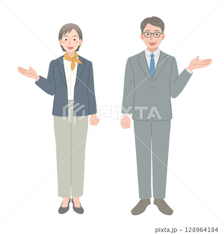 案内をする中年ビジネスマンの男女 128964184
