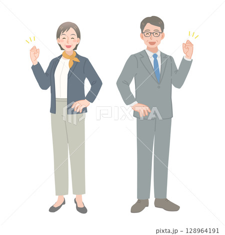 笑顔でガッツポーズをする中年ビジネスマンの男女 笑顔でガッツポーズをする中年ビジネスマンの男女 128964191