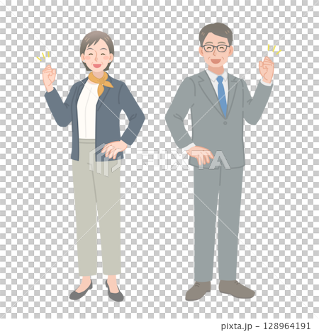 笑顔でガッツポーズをする中年ビジネスマンの男女 笑顔でガッツポーズをする中年ビジネスマンの男女 128964191