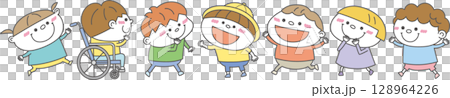いろいろな子どもたちが笑顔で並ぶよこ一列のイラスト｜多様性・インクルーシブ・ベクター素材 128964226