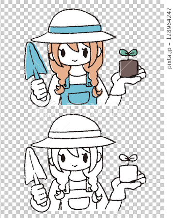 Hand drawn girl with seedlings Hand drawn girl with seedlings 128964247