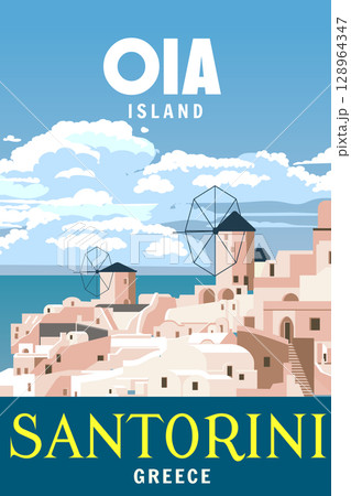 Poster Travel Greece Santorini, old village Oia windmills, old Mediterranean 128964347