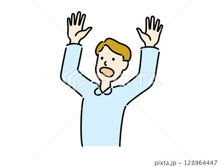 両手を上げて驚いている男性 128964447
