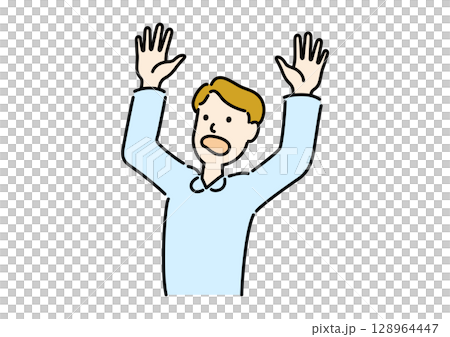 両手を上げて驚いている男性 128964447