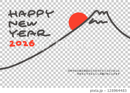 New Year's card template 2026 with hand-drawn simple line drawing of Mt. Fuji and first sunrise 128964483