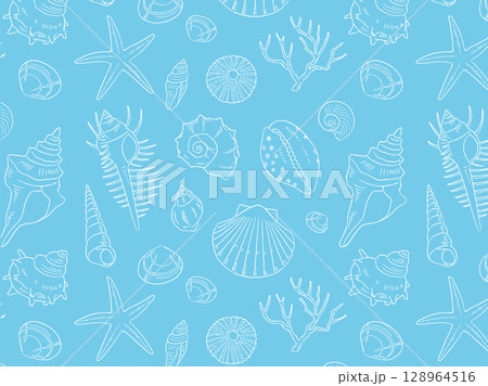 手描き貝殻のシームレスパターン背景_ベクターイラスト 128964516