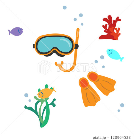 シュノーケルセットと海中のイラスト 128964528