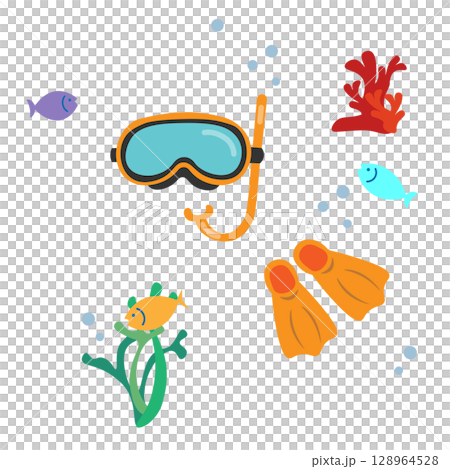 シュノーケルセットと海中のイラスト 128964528