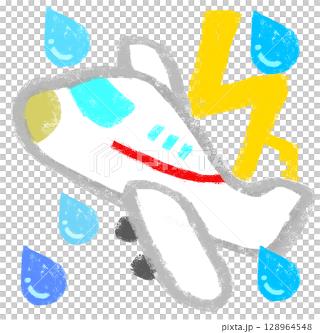 Simple illustration, crayon touch, airplane flying in bad weather 128964548
