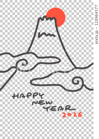 2026 年新年賀卡模板，手繪簡單的富士山和日出線條圖 128964577
