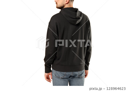 Casual outfit featuring a black pullover hoodie, isolated on white, PNG 128964623