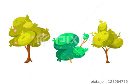 Vibrant and Colorful Cartoon Trees and Bushes Perfect for a Variety of Creative Projects 128964756