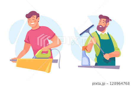 Household Chores Ironing and Cleaning with Joy to Make Home a Happier Place for All 128964768
