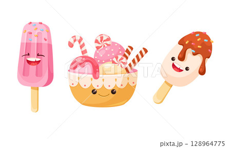 Adorable and Delectable Ice Cream Treats Illustrated in a Colorful Cartoon Style Adorable and Delectable Ice Cream Treats Illustrated in a Colorful Cartoon Style 128964775