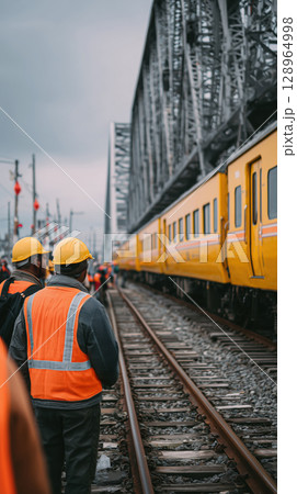 Workers in orange vests and helmets inspect yellow train on railway track near large metal bridge Workers in orange vests and helmets inspect yellow train on railway track near large metal bridge 128964998