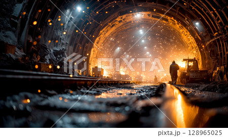 Worker welds heavy equipment in underground mining tunnel, with glowing sparks illuminating dark, gritty environment 128965025