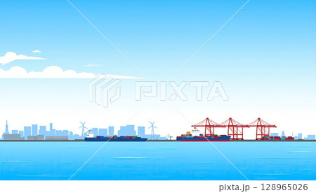 《AI画像》快晴の青空と海と船のある風景 128965026