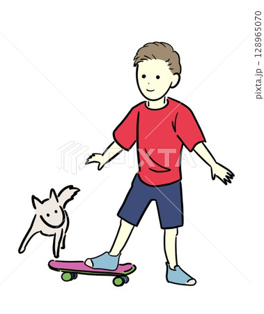 スケボーする少年と傍で遊ぶ子犬のカラーのイラスト スケボーする少年と傍で遊ぶ子犬のカラーのイラスト 128965070