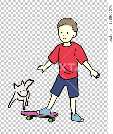 スケボーする少年と傍で遊ぶ子犬のカラーのイラスト スケボーする少年と傍で遊ぶ子犬のカラーのイラスト 128965070