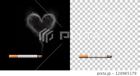 タバコとハート型のリアルな煙。黒背景と背景透過セット。 128965179