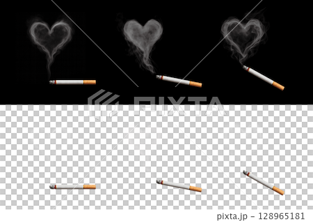Realistic smoke with cigarette and heart shape. Set on black background and transparent background. 128965181