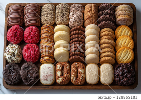Variety of bakes and cookies in on a wooden trading tray on a white background. 128965183
