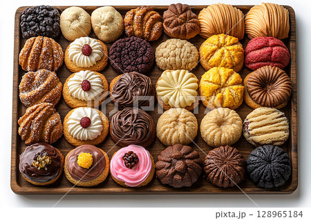 Variety of bakes and cookies in on a wooden trading tray on a white background. 128965184