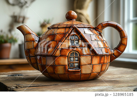 Rustic style. Ceramic teapot in shape of an English house on a white background. Classic style. 128965185
