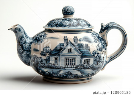 Kitchen aesthetic. Ceramic teapot in shape of an English house on a white background. Classic style. 128965186