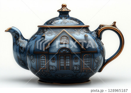 Kitchen space. Ceramic teapot in shape of an English house on a white background. Classic style. 128965187
