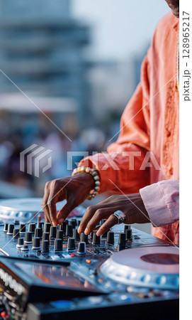 DJ skillfully mixes music on modern DJ controller outdoors, creating energetic atmosphere 128965217