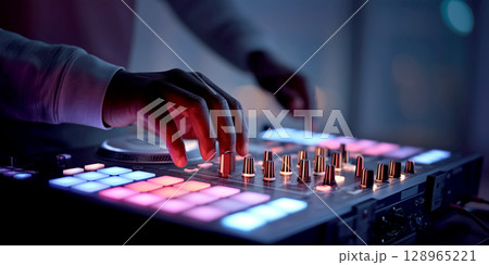 DJ hand skillfully adjusts controls on vibrant, neon lit DJ beat decks mixer, creating energetic atmosphere 128965221
