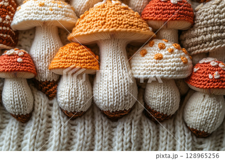 Rustic Charm. Crocheted bright mushrooms on a white background. Autumn atmosphere. Creative hobby. 128965256